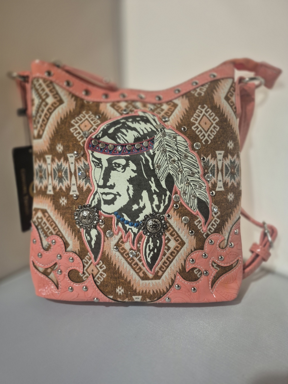 Coral Pink Southwestern Crossbody Bag with Native Motif NWTs